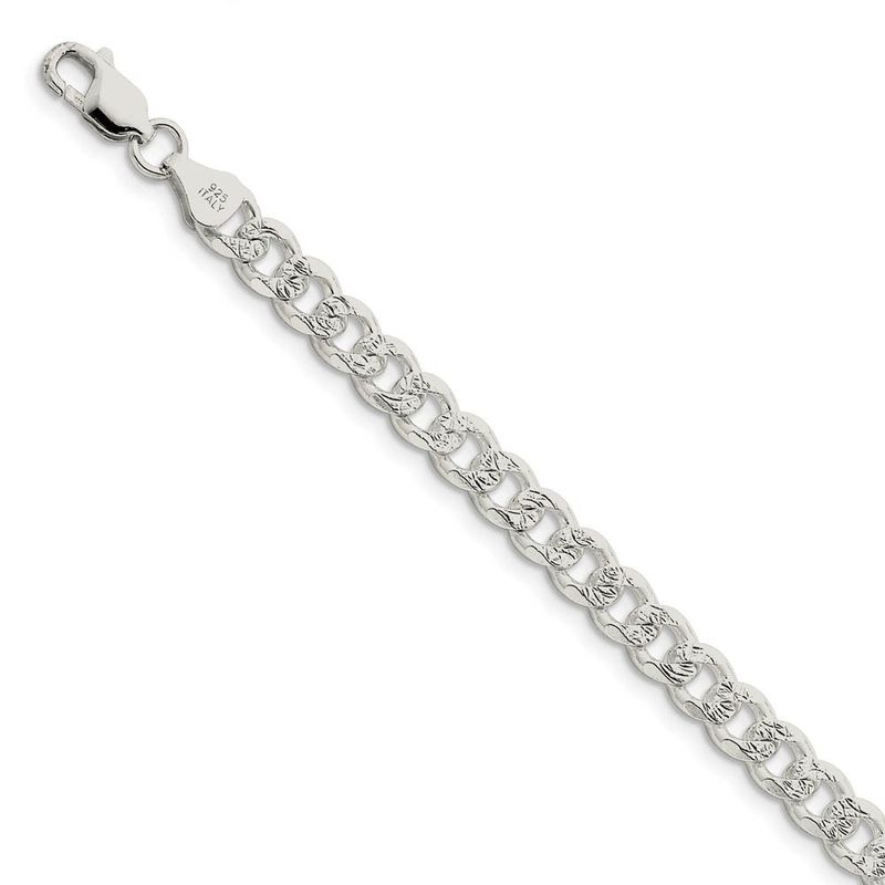 7mm, Sterling Silver Solid Pave Curb Chain Bracelet, 8 Inch